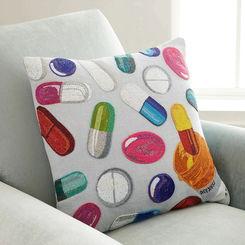 happy pills beaded cushion