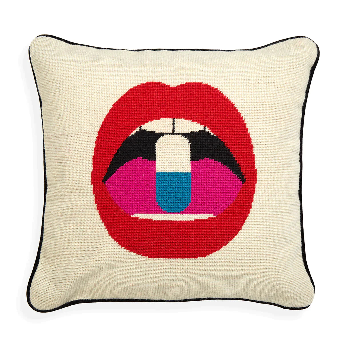 lips full dose needlepoint cushion
