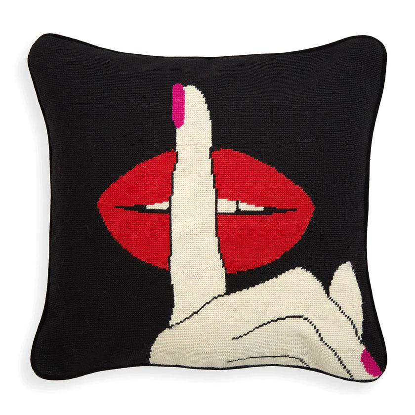 lips hush needlepoint cushion